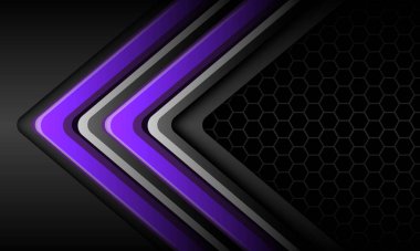 Gri metalik altıgen ağ tasarımı üzerinde soyut mor ikiz ok yönü geometrik modern fütüristik arkaplan vektörü