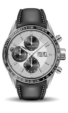 Gerçekçi saat kronografisi erkekler için kronografi siyah deri kayış lüks izole arka plan vektörü