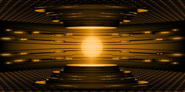 Gerçekçi vektör sarı ışık. İleri teknoloji daire fütüristik 3D sahne podyumu sunumu ürünü dijital sahne sanal gerçeklik podyumu portalını gösteriyor.