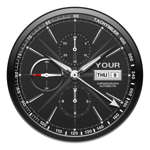 Realista Relógio Preto Cinza Metálico Relógio Luxo Cronógrafo Rosto Vetor —  Vetores de Stock
