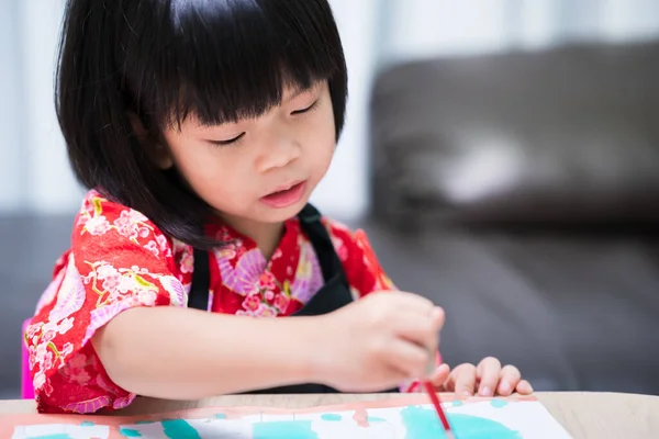 Sweet Smile Kindergarten Girl Doing Art Paper Kid Holding Paintbrush — Stock Photo, Image