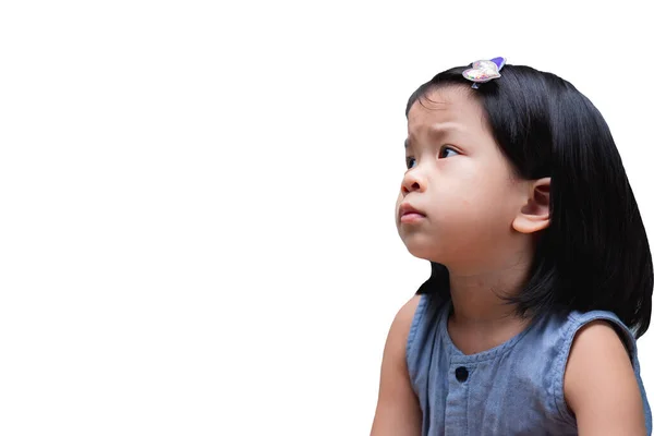 Pandangan Samping Gadis Manis Asia Anak Mengerutkan Kening Anak Bertanya — Stok Foto