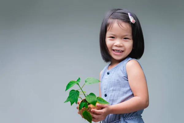 Child and small tree in the nature coconut shell pot. Sweet smile girl. Save world. Environment day.  Growing tree. Spring season. Save environment. World day. Earth day. Kid holding young green tree.