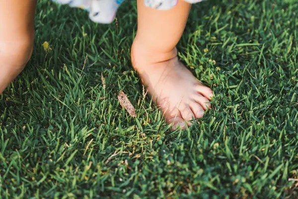 Pieds Bébé Enfant Debout Sur Herbe Verte Fille Apprend Ses — Photo