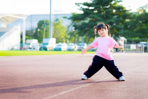 Child Wearing Pink Shirt Standing Exercising Kid Smile Laugh Having — Stockfoto