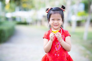 Sweet smile 4 year old kid girl wearing red cheongsam. Child holding gold ingot. Empty space to enter text. Happy Chinese New Year.