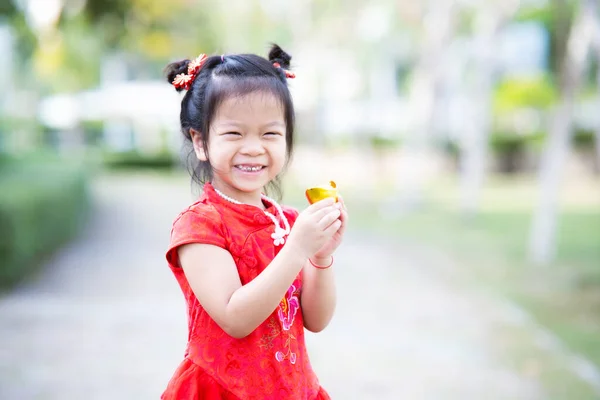 肖像画かわいいアジアの女の子は中国の黄金を保持 甘い笑顔の子供たちは幸せです 子供は中国の旧正月を祝う 子供の美しい赤Qipao清サムを着ていた 5歳の女性 — ストック写真