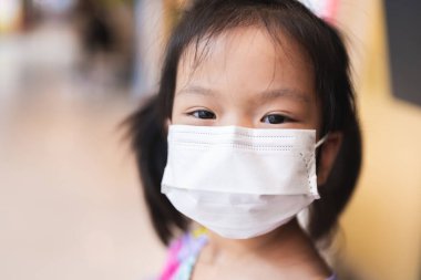 Portrait image of 5-6 years old childhood. Happy Asian child girl smiling and wearing white face mask. Protection air pollution PM2.5. Learning and active kids concept.