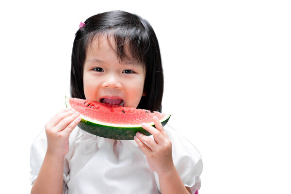 Happy Asian Child Girl Eating Biting Piece Watermelon Kid Holding Stock Image