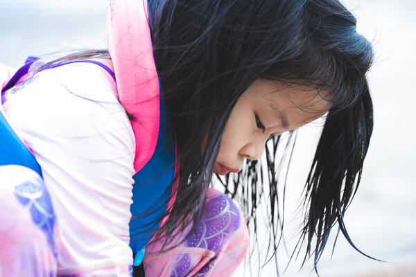 Portrait Image Years Old Asian Girl Wearing Buoyancy Vest Learn Stock Picture