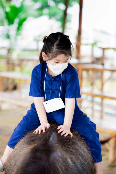 Porträtbild Kind Jahre Alt Nettes Asiatisches Mädchen Reitet Auf Dem — Stockfoto