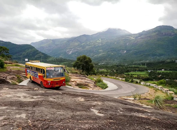 MUNNAR, KERALA, India- 07 July 2022: Selective focus of Kerala State Transport Corporation Bus at Munnar.