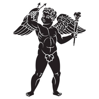 Eski Yunan aşk tanrıçası kanatlı illüstrasyon siyahı. Vektör Antik Melek 'i izole etti. Siyah ve beyaz siluet çizimi.