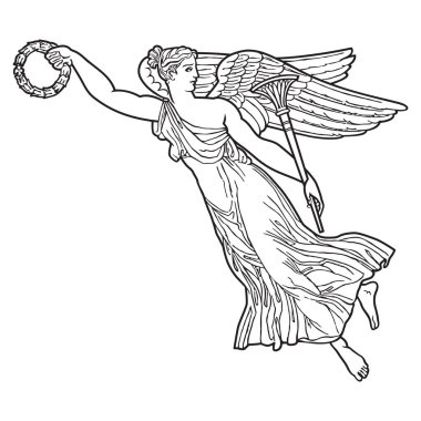 Antik Yunan kanatlı tanrıça çizimi. Vektör Antik Melek 'i izole etti. Siyah beyaz çizgi çiziyor. 2