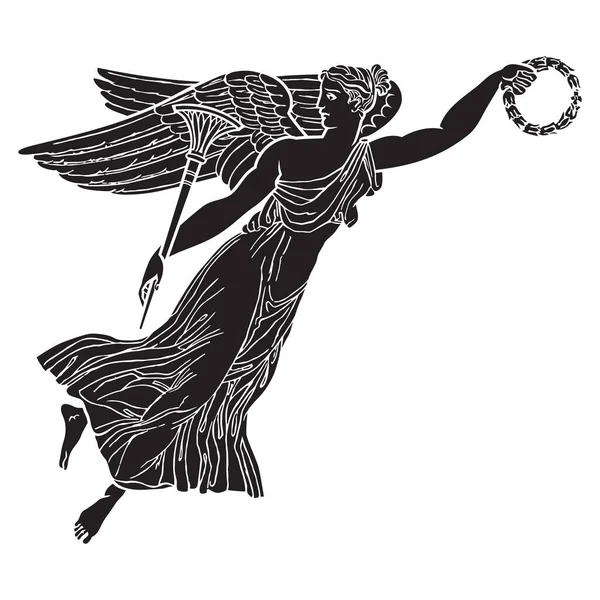 古代ギリシャの翼の女神のシルエットイラスト ベクトル分離アンティーク天使 白黒線画 — ストックベクタ