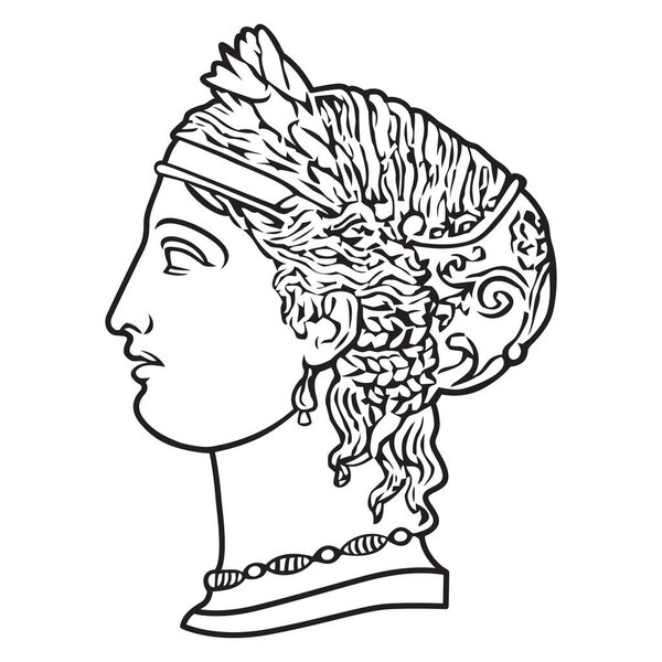Ancient greek woman goddess face illustration. Vector isolated Antique bustl. Black and white line drawing. 2