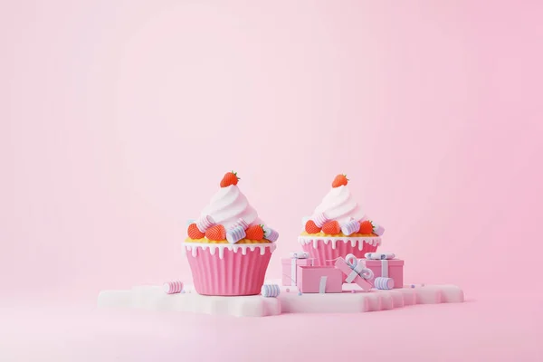 Minimális Rózsaszín Cupcake Piros Eper Mályvacukor Pasztell Fel Illusztráció Ünneplés — Stock Fotó