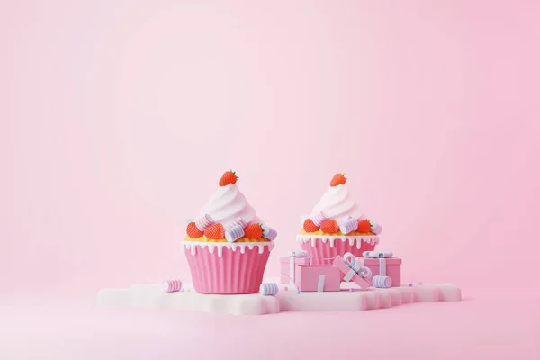 Kırmızı çilekli ve pastel pastalı en az pembe kek. Karla kaplı. Noel ve Sevgililer Günü için üç boyutlu illüstrasyon.