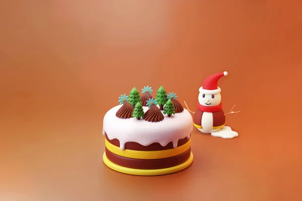 Noel çikolatalı pasta ve çam ağacının tepesi ve Noel Baba 3D illüstrasyon hediye kartı ve reklam için.
