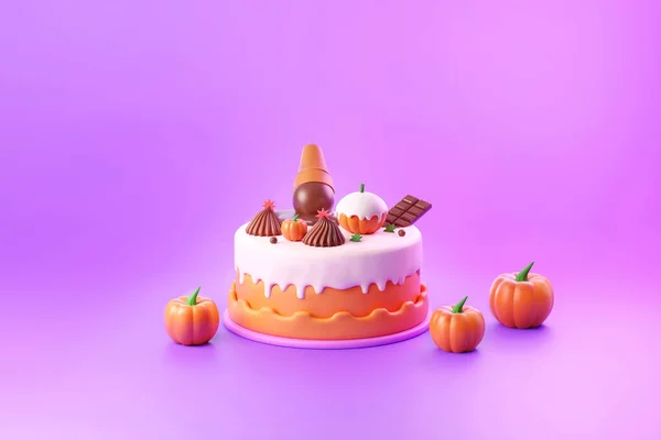 Halloween Torta Fehér Cukormáz Sütőtök Feltét Étcsokoládé Bar Illusztráció Lila — Stock Fotó