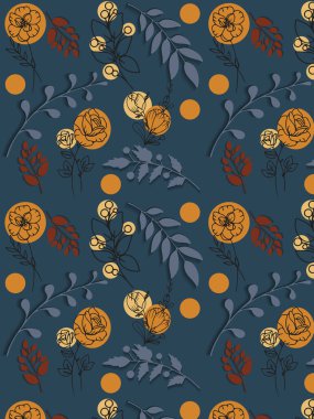  Mavi arka planda güller ve brançlarla kusursuz desen