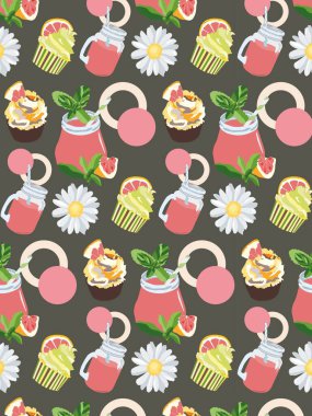 Gri arka planda greyfurtlu ve kekli kusursuz desen