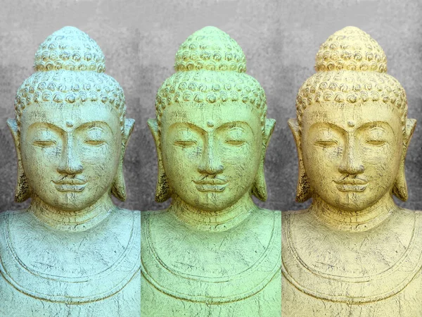 Buddha Heads Different Colors Made Stone Plain Background Bust Religion — Stock Photo, Image