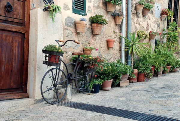 Rua Uma Bela Aldeia Decorada Com Plantas Uma Bicicleta Valdemosa — Fotografia de Stock