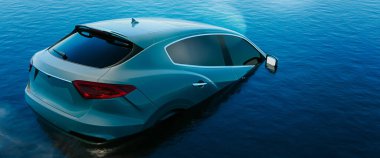 Mavi SUV arabası nehirde boğuluyordu, araba kazası konsepti, 3D veya çizer.