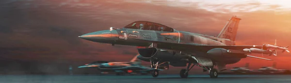 Wojskowy Samolot Odrzutowy Zaparkowany Pasie Startowym Zachodzie Słońca Renderowanie Ilustracja — Zdjęcie stockowe