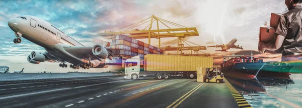 集装箱船和货机的运输和物流 3D渲染和说明 — 图库照片