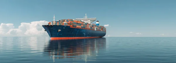 在大海中央的货船 3D渲染和说明 — 图库照片