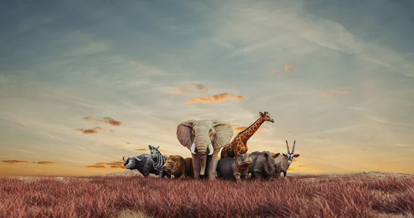 Large groups of African safari animals gather in Kenya\'s grasslands.3d render and illustrations.