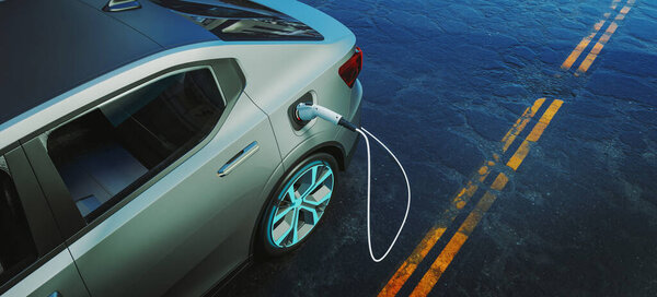 Силуэт электромобиля EV Electric с низкой зарядкой аккумулятора на электростанции. 3D рендеринг и иллюстрация.