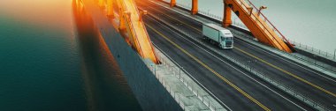 truck driving over bridge. 3d  render and illustration. clipart
