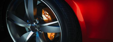 Araba Tekerleği İş için Afiş. 3d render ve illüstrasyon. Tekerlek siyaharka planı.