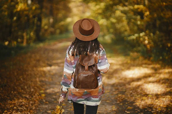 Güneşli Sonbahar Ormanlarında Şapkalı Sırt Çantalı Şık Bayan Hipster Genç — Stok fotoğraf