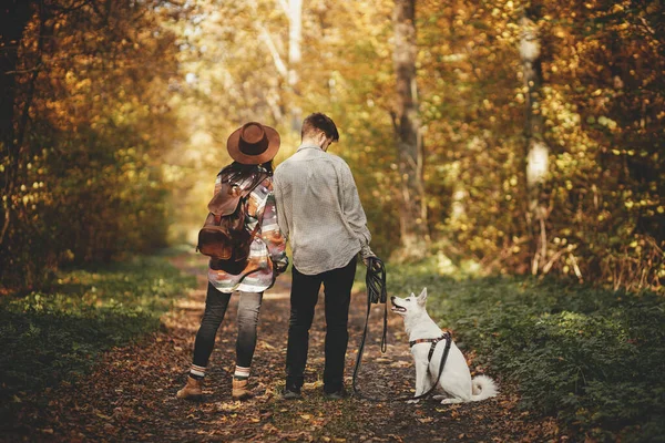 Reisen Und Fernweh Stilvolles Paar Mit Süßem Hund Sonnigen Herbstwald — Stockfoto