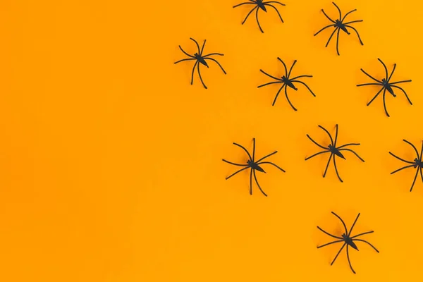 Halloween Płaski Leżał Układ Pająków Pomarańczowym Tle Miejscem Tekst Wesołego — Zdjęcie stockowe