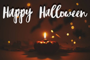 Koyu turuncu arka planda yanan balkabağı mumu ve uçan siyah yarasalarla ilgili Cadılar Bayramı mesajınız kutlu olsun. Sezonun tebrik kartı. El yazısıyla mutlu Cadılar Bayramı metni