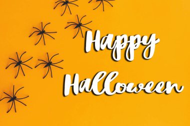 Turuncu arka planda örümceklerin sınır dairesindeki Cadılar Bayramı mesajınız kutlu olsun. Sezonun tebrik kartı. El yazısıyla mutlu cadılar bayramı mesajı. Şaka mı şeker mi?