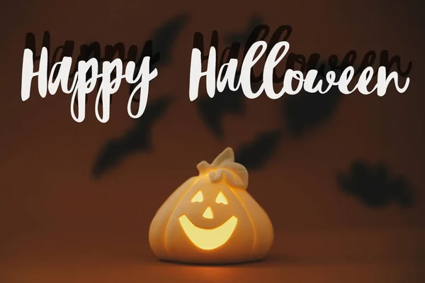 Feliz Signo Texto Halloween Brillante Decoración Calabaza Jack Linterna Sobre — Foto de Stock