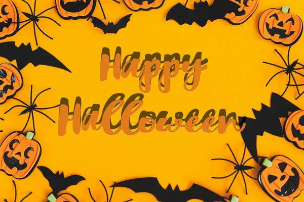 Happy Halloween Tekstbord Pompoenen Jack Lantaarns Spinnen Vleermuizen Frame Plat — Stockfoto