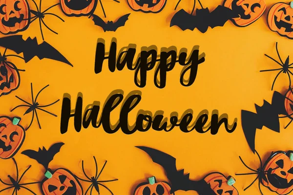 Happy Halloween Znak Tekstowy Nowoczesnych Dyniach Jack Latarnie Pająki Nietoperze — Zdjęcie stockowe