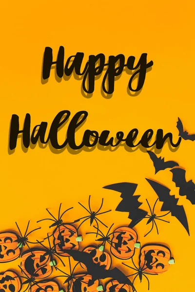 Happy Halloween Znak Tekstowy Dynie Jack Latarnie Pająki Nietoperze Granica — Zdjęcie stockowe