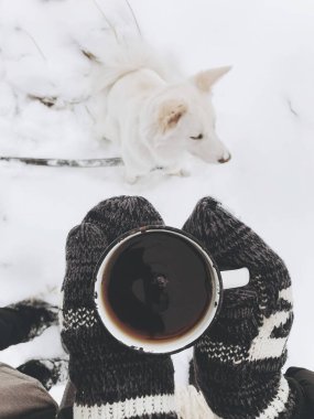 Kışın karlı gölde sevimli beyaz bir köpeğin arka planında sıcak bir fincan çay tutan sıcak eldivenli eller. Soğuk mevsimde beyaz İsviçreli çoban köpeğiyle yürüyüş ve seyahat. Seyahat tutkusu. Üst görünüm