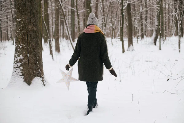 Stílusos Hipszter Nagy Fehér Karácsonyi Csillag Sétál Havas Téli Erdőben — Stock Fotó