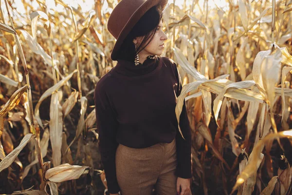 Стильная Женщина Коричневой Шляпе Наряде Позирует Осеннем Кукурузном Поле Теплом — стоковое фото