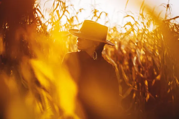 Snygg Kvinna Hatt Poserar Bakgrunden Höst Gula Blad Bokeh Och — Stockfoto