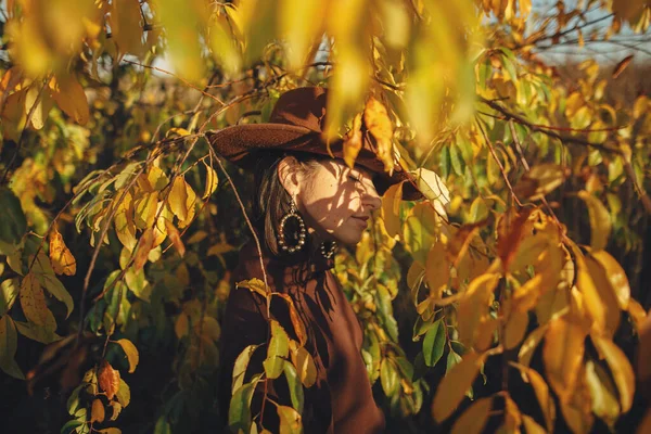 帽子のスタイリッシュな女性の肖像画や秋の間にポーズをとる茶色の服は暖かい日当たりの良い光の中で葉 夕方の公園や田舎の秋の木の枝に立つファッショナブルな若い女性 — ストック写真